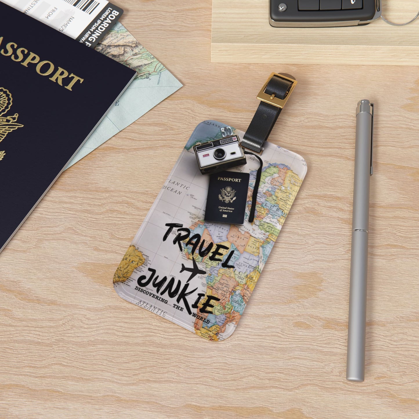 Travel Junkie Luggage Tag - Vintage Map Design