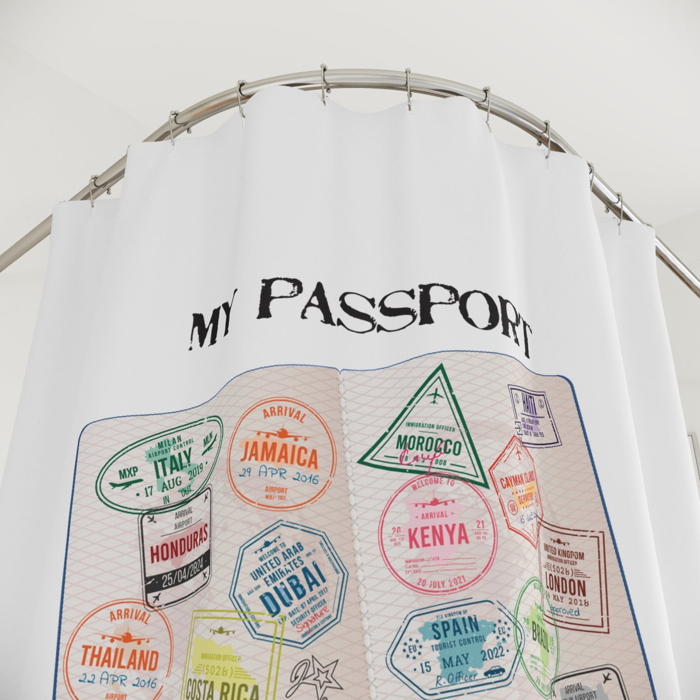 Travel-Themed Shower Curtain - 'My Passport Has Stamps' Design